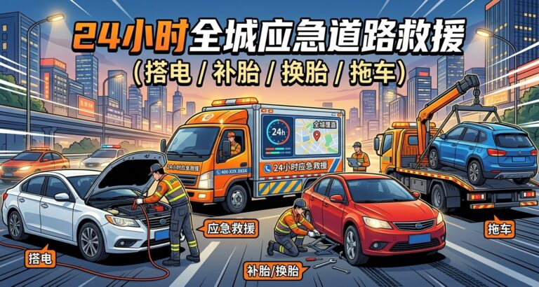 24小时全城应急道路救援 (搭电/补胎/换胎/拖车)